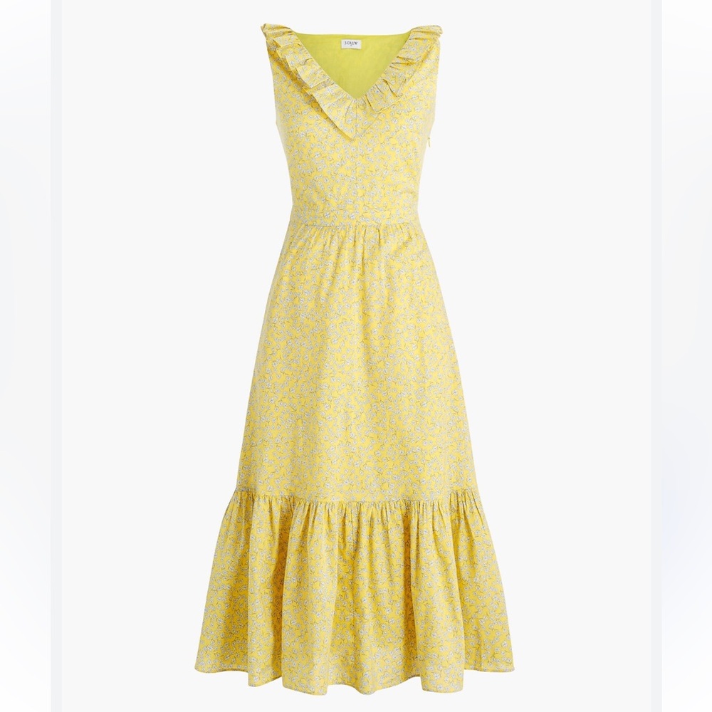 J. Crew Yellow Floral Midi Dress with Ruffle V-Neck